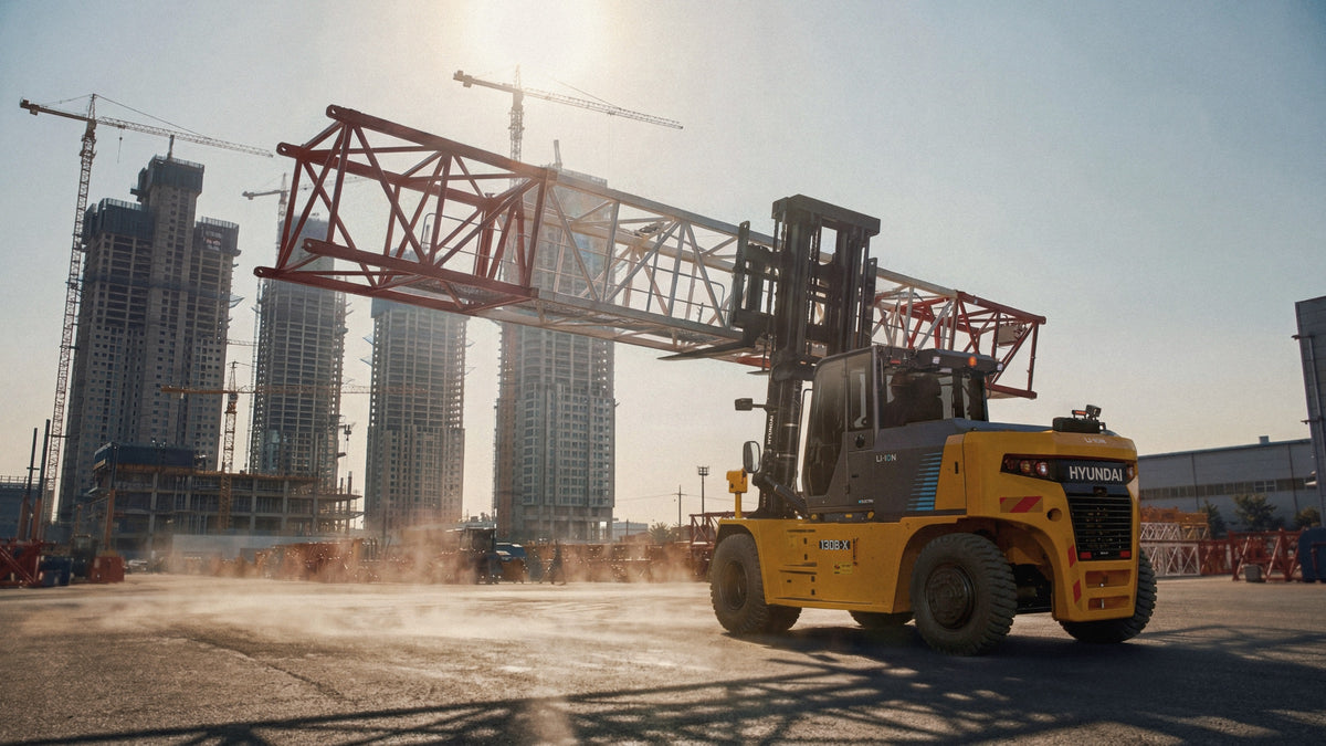 Hyundai 130B-X el-gaffeltruck på en byggeplads i solnedgang
