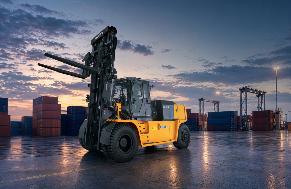 Hyundai 160B-X el-gaffeltruck på en containerhavn i regnvejr